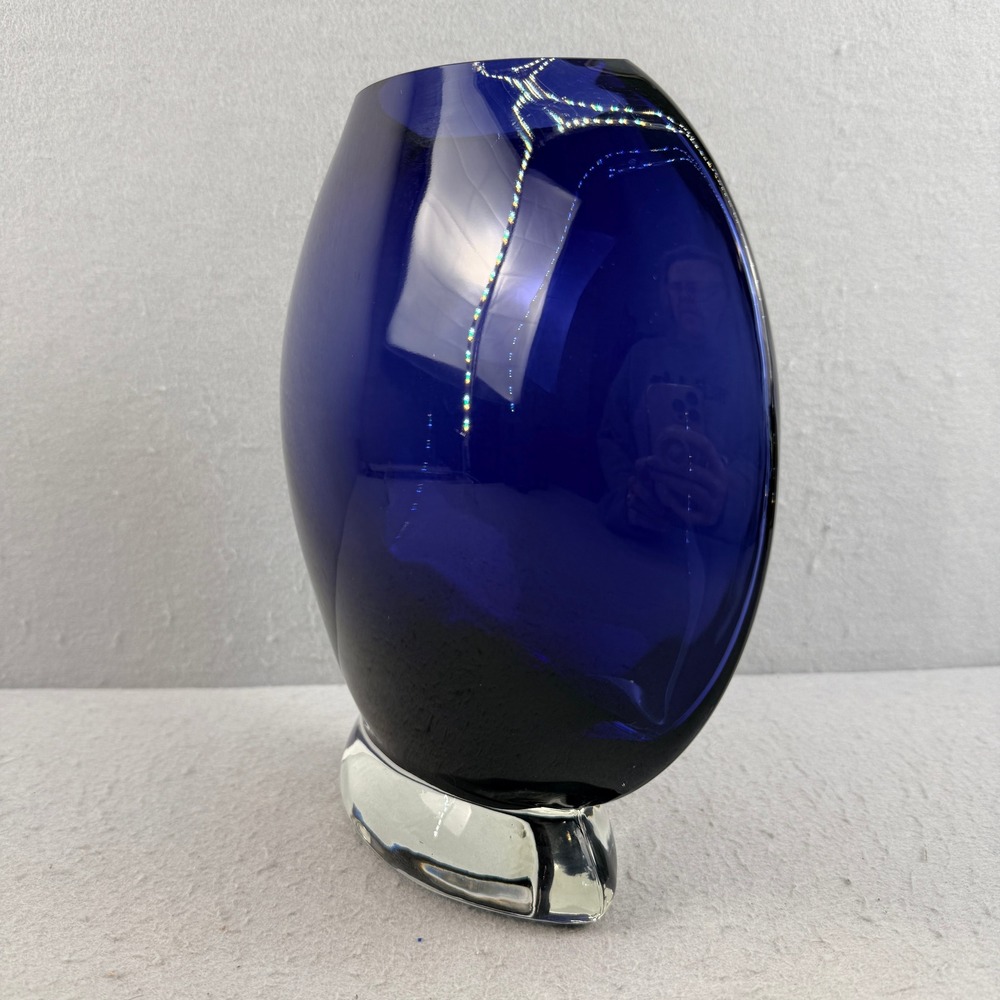 Cobalt Blue Vintage Art Glass Vase 10" Large MCM Oblique Asymmetrical Form - Picture 4 of 11
